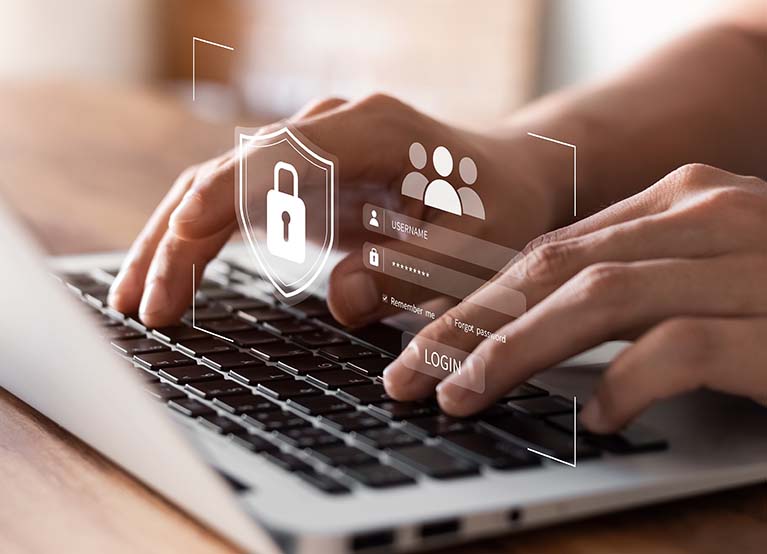 Cybersecurity and privacy concepts to protect data. Lock icon and internet network security technology. Businessmen protecting personal data on laptop and virtual interfaces.